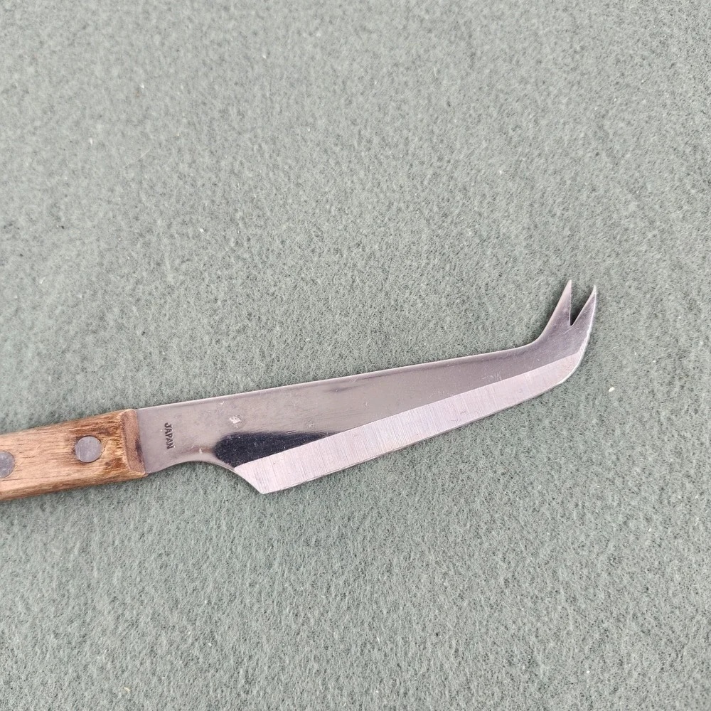 Kane Kut Stainless Japan Cheese Knife Vintage Two Prong Blade Wood Handle Tool